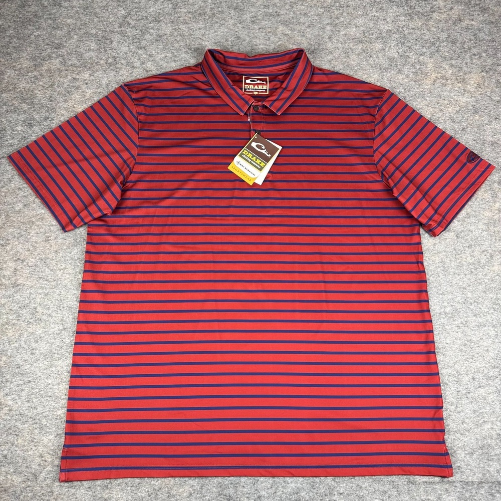 Drake Waterfowl Polo Performance Stretch Striped Red Blue Mens 2XL XXL